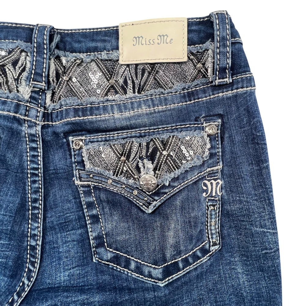 Miss Me Flare Jeans Womens 32 Blue High Rise Sequin Embellished Frayed Hem